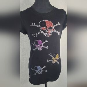 Black Women's Fitted T-shirt Featuring Rhinestone Skull & Crossbones Sz XL